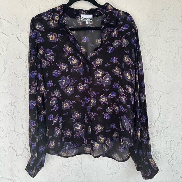 GANNI Shirt Top Women Size 36/4 Floral Button Down Long Sleeve Boho Office - Picture 1 of 6